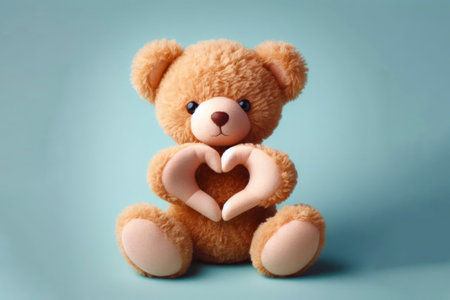 Photo of adorable teddy Bear two arms demonstrate heart shape isolated on color background. ai generative.の素材