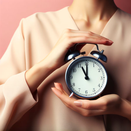 Woman hold alarm clock in hand close up. ai generative.の素材