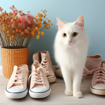 White cat stands near shoes on a colored background. ai generative.の素材