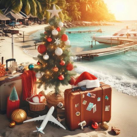 christmas holiday concept. Christmas tree on the beach. ai generative.の素材