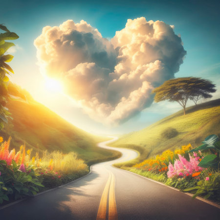 cloud in the shape of a heart over the road. love of travel concept. ai generative.の素材