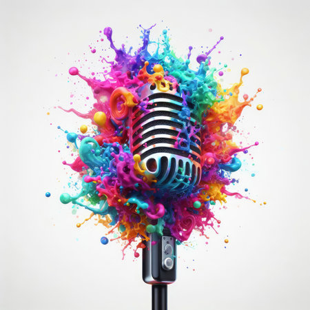 microphone in multicolored splashes of paint on a white background. ai generative.の素材
