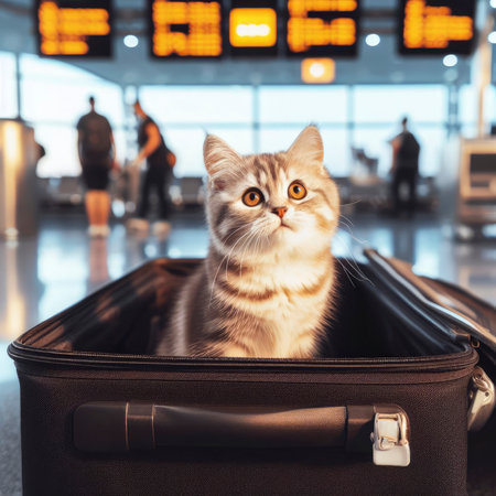 concept of traveling with animals. kitten in an open suitcase at the airport. ai generative.の素材