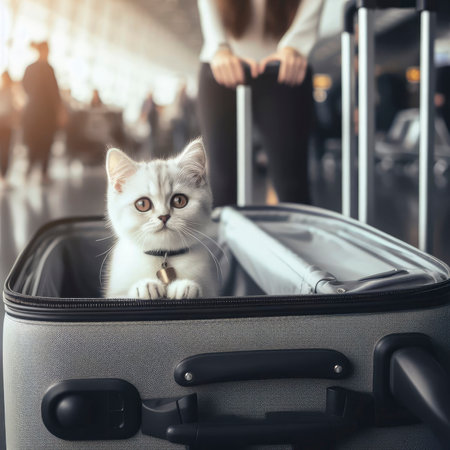 concept of traveling with animals. kitten in an open suitcase at the airport. ai generative.の素材