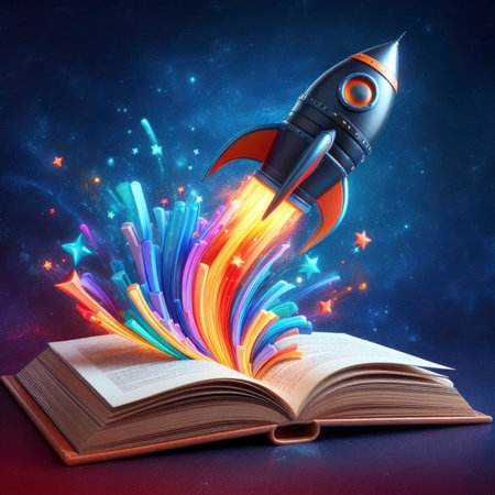 a rocket flying out of an open book. concept of pursuit of knowledge. ai generative.の素材