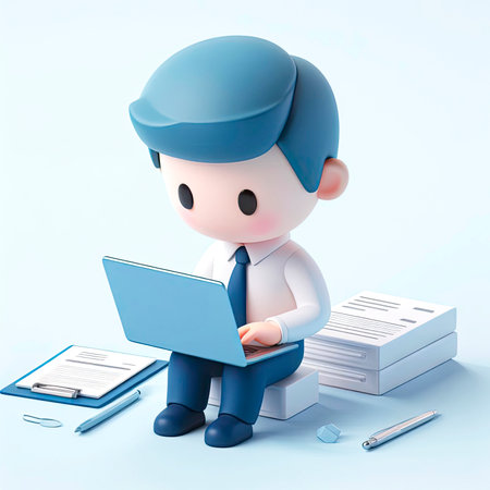 man working at a laptop next to a pile of papers 3d character. ai generative.の素材