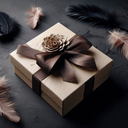 gift box with a beautiful ribbon on a dark background with feathers. ai generative.の素材