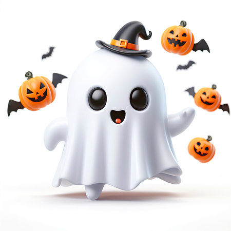 Halloween celebration concept. ghost and pumpkins on white background. ai generative.の素材