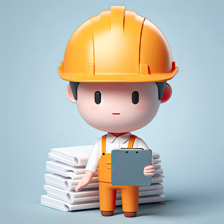 engineer in hard hat with suitcase and laptop on white background 3d style. ai generative.の素材