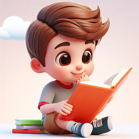 little boy reading a book 3d character. ai generative.の素材
