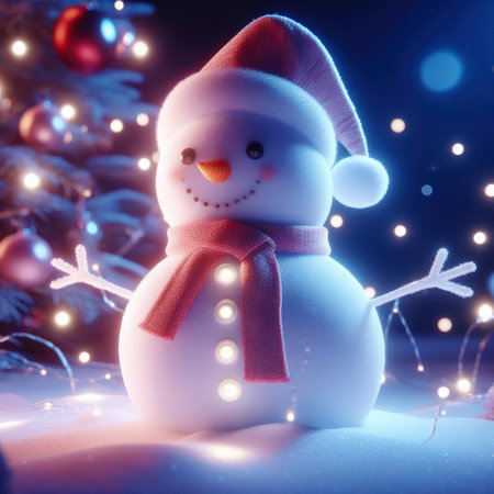 christmas card with glowing snowman and Christmas trees. ai generative.の素材