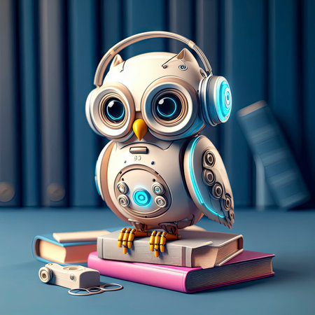 concept of acquiring knowledge and wisdom. owl with headphones sitting on a book. ai generative.の素材