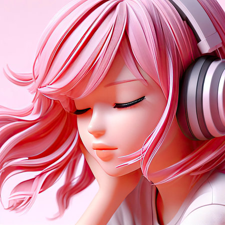 girl with pink hair listens to music on headphones 3d character. ai generative.の素材