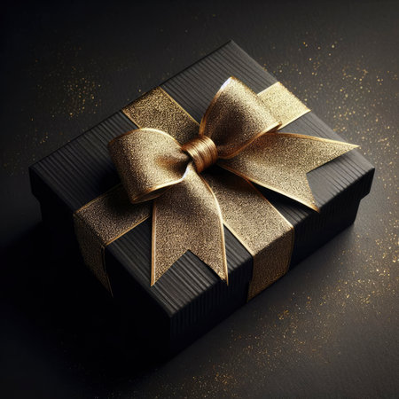 black gift box with gold bow. ai generative.の素材