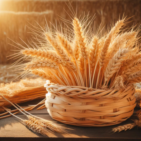 golden ears of wheat with sheaves of hay in the background. ai generative.の素材