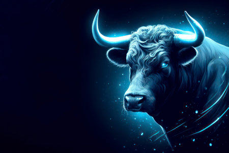 A bull with a blue light on its horns, taurus sing in horoscope. ai generative.の素材