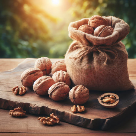 A bag of walnuts with nature background on wooden mat, healthy food concept. ai generative.の素材