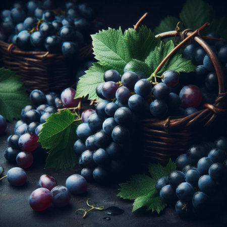 Fresh ripe grape, healthy bio fruit food gardening concept on solid black background. ai generative.の素材