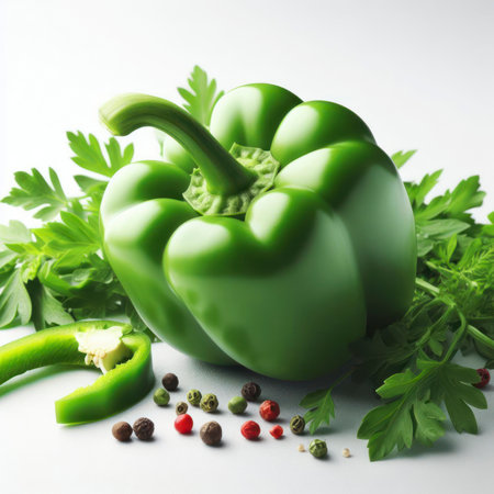 Green bell pepper on a white background. Fresh green bell pepper vegetable. ai generative.の素材