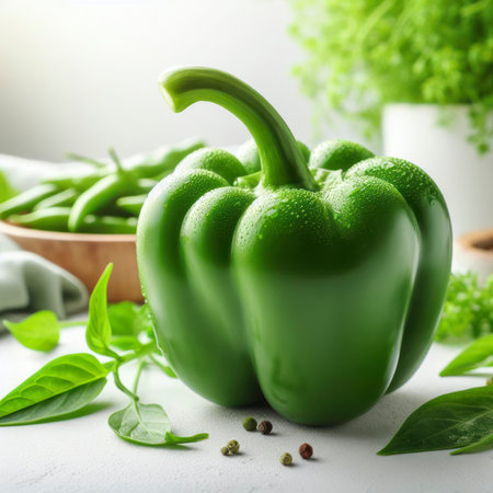 Green bell pepper on a white background. Fresh green bell pepper vegetable. ai generative.の素材