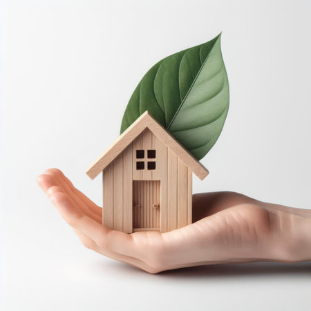 Hand hold minimalistic wooden house on white background. ai generative.の素材