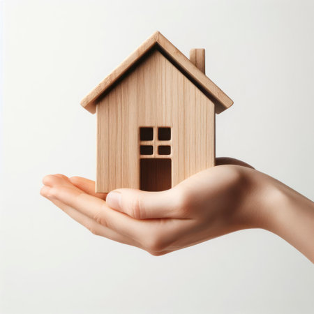 Hand hold minimalistic wooden house on white background. ai generative.の素材