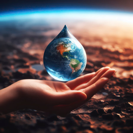 Hand hold water drop with earth. ai generative.の素材