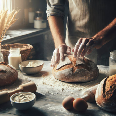 Baker is making in oven fresh sourdough bread with mess of flour. ai generative.の素材