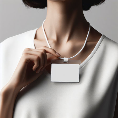 Blank badge mockup on neck of person. Plain empty name tag mock up hanging on neck with string. ai generative.の素材