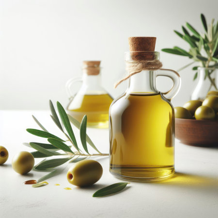 olive oil bottle on white counter with fresh extra virgin olive. ai generative.の素材