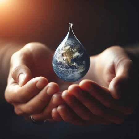 Hand hold water drop with earth. ai generative.の素材