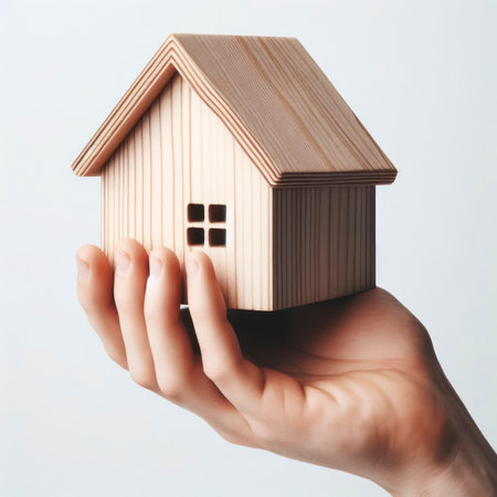 Hand hold minimalistic wooden house on white background. ai generative.の素材