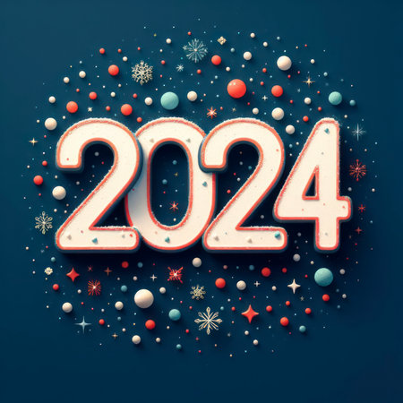 Happy new year 2024 with snow number on solid background. ai generative.の素材