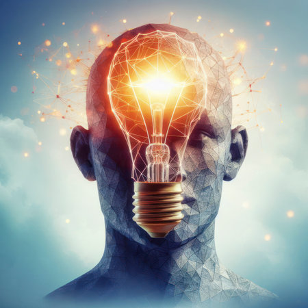 Inspiration Ideas, Head shaped light bulb. ai generative.の素材