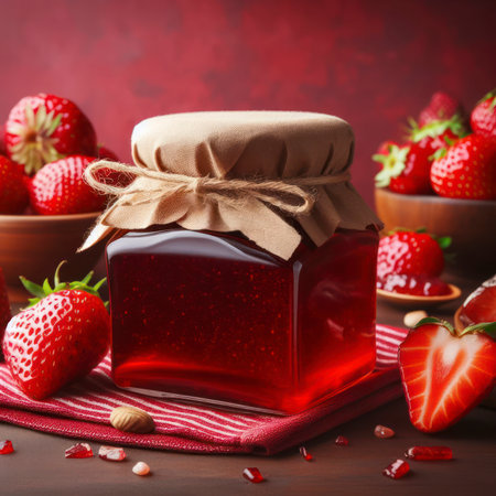 Jar jam display sweet product red background strawberry. ai generative.の素材