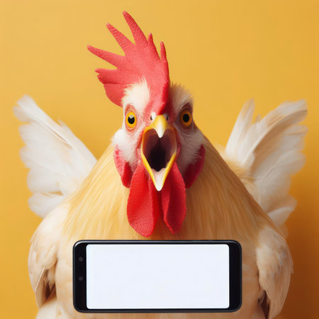 Shocked Chicken holding smartphone with white mockup screen on solid color background. ai generative.の素材