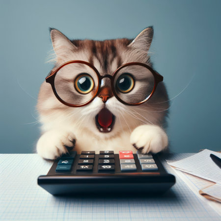 Shocked cute cat in glasses with open mouth looks at calculator, count tax. ai generative.の素材