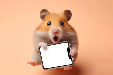 Shocked hamster holding smartphone with white mockup screen on solid color background. ai generative.の素材