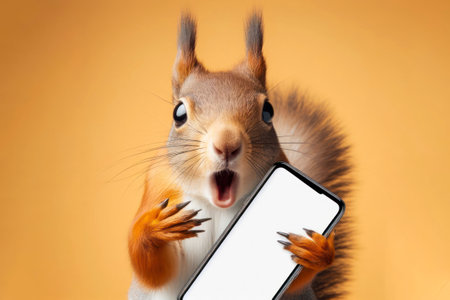 Shocked real Squirrel holding smartphone with white mockup screen on solid color background. ai generative.の素材