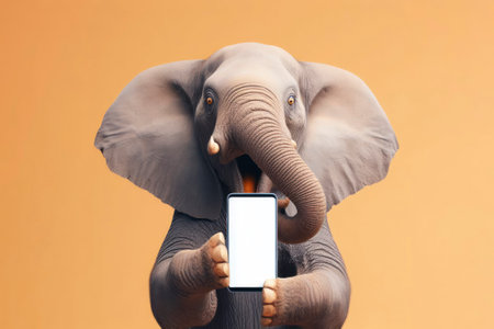 Shocked real Elephant holding smartphone with white mockup screen on solid color background. ai generative.の素材