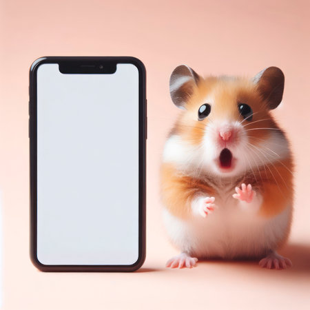 Shocked hamster holding smartphone with white mockup screen on solid color background. ai generative.の素材