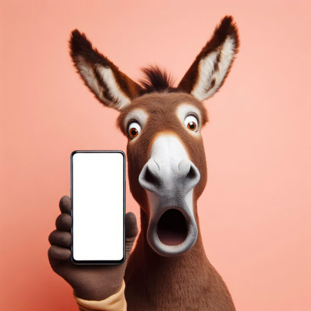 Shocked donkey holding smartphone with white mockup screen on solid color background. ai generative.の素材