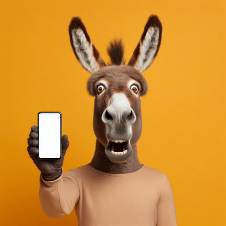 Shocked donkey holding smartphone with white mockup screen on solid color background. ai generative.の素材