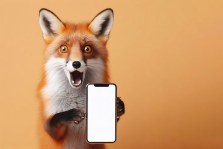 Shocked fox holding smartphone with white mockup screen on solid color background. ai generative.の素材