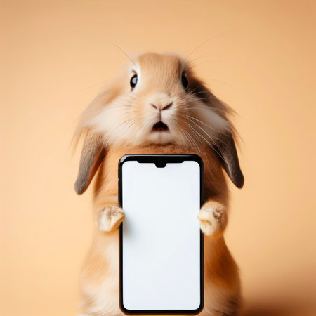 Shocked rabbit holding smartphone with white mockup screen on solid color background. ai generative.の素材