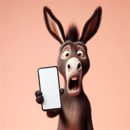 Shocked donkey holding smartphone with white mockup screen on solid color background. ai generative.の素材