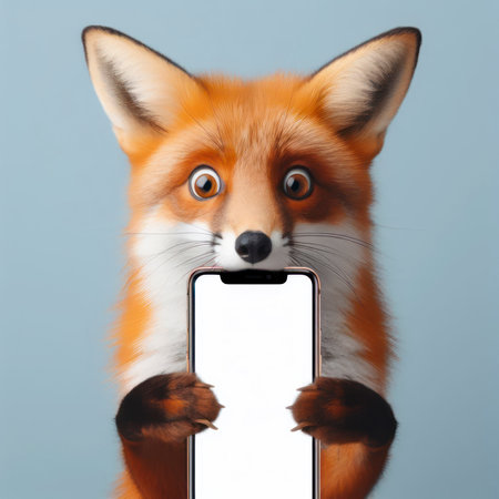 Shocked fox holding smartphone with white mockup screen on solid color background. ai generative.の素材