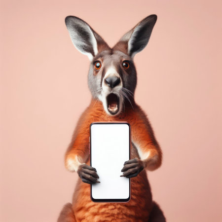 Shocked Kangaroo holding smartphone with white mockup screen on solid color background. ai generative.の素材