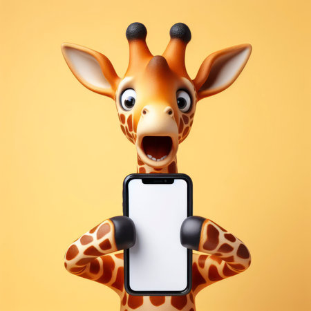 Shocked giraffe holding smartphone with white mockup screen on solid color background. ai generative.の素材