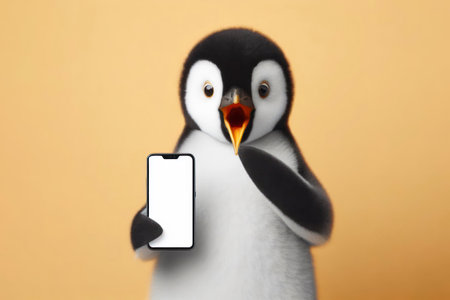 Shocked real penguin holding smartphone with white mockup screen on solid color background. ai generative.の素材